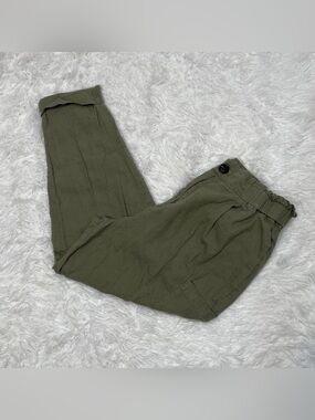 Zara Linen Blend Crop Barrel Leg Pants Women’s Size 8 Green Cargo Pockets